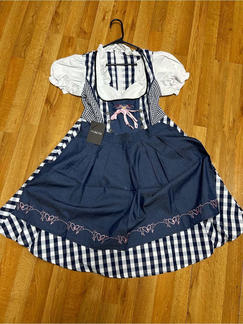 Navy Blue Gingham Dirndl Dress with White Blouse